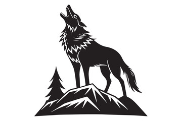Vector illustration of a howling wolf silhouette on a mountain