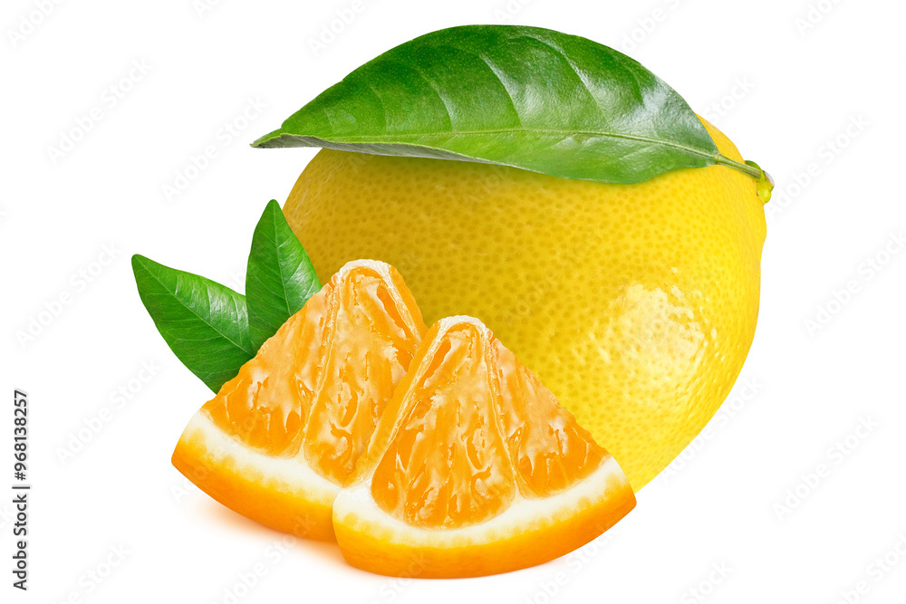 Wall mural Lemon and orange with leaves on isolated white background