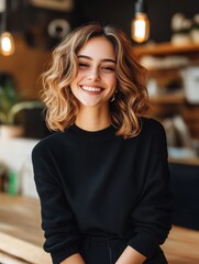 Obraz premium A young woman with long curly hair is smiling brightly at the camera. She is wearing a black sweater and has a natural, radiant glow. The warm lighting of the cafe creates a cozy atmosphere.