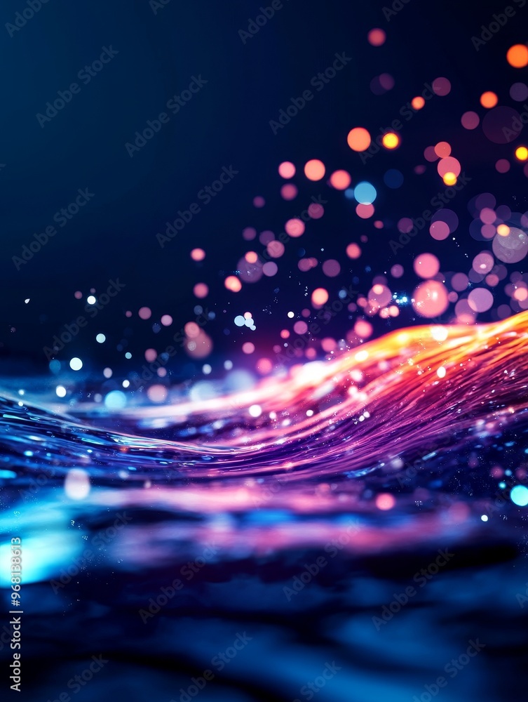 Poster an abstract image of a water wave with glowing bubbles and bokeh lights. the water is rippling and f