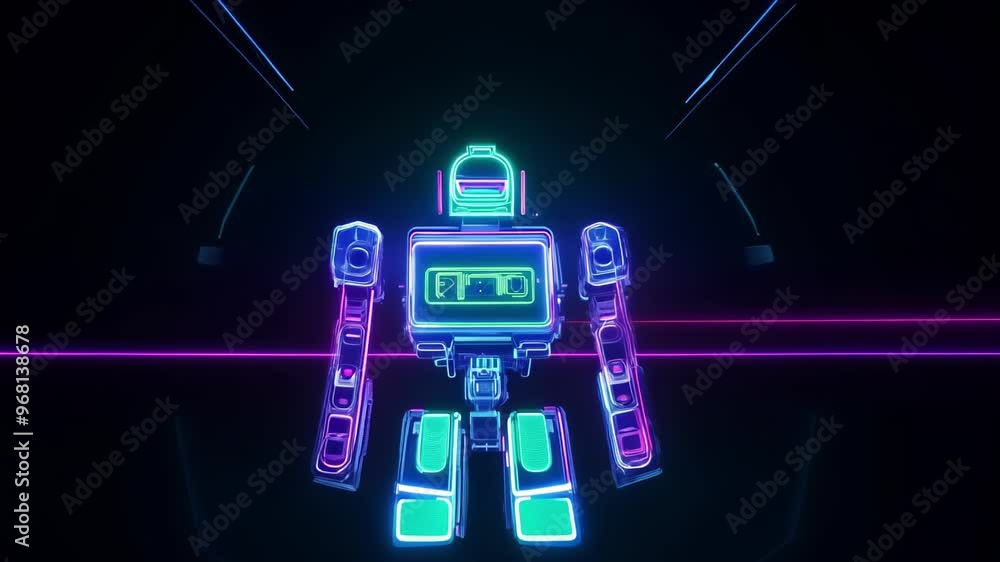 Poster neon futuristic robot in a glowing cyberpunk environment with vibrant colors. concept of technology,