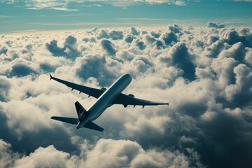 Obraz premium An airplane gracefully ascends through a sea of fluffy white clouds, symbolizing freedom, travel, adventure, ambition, and reaching new heights.