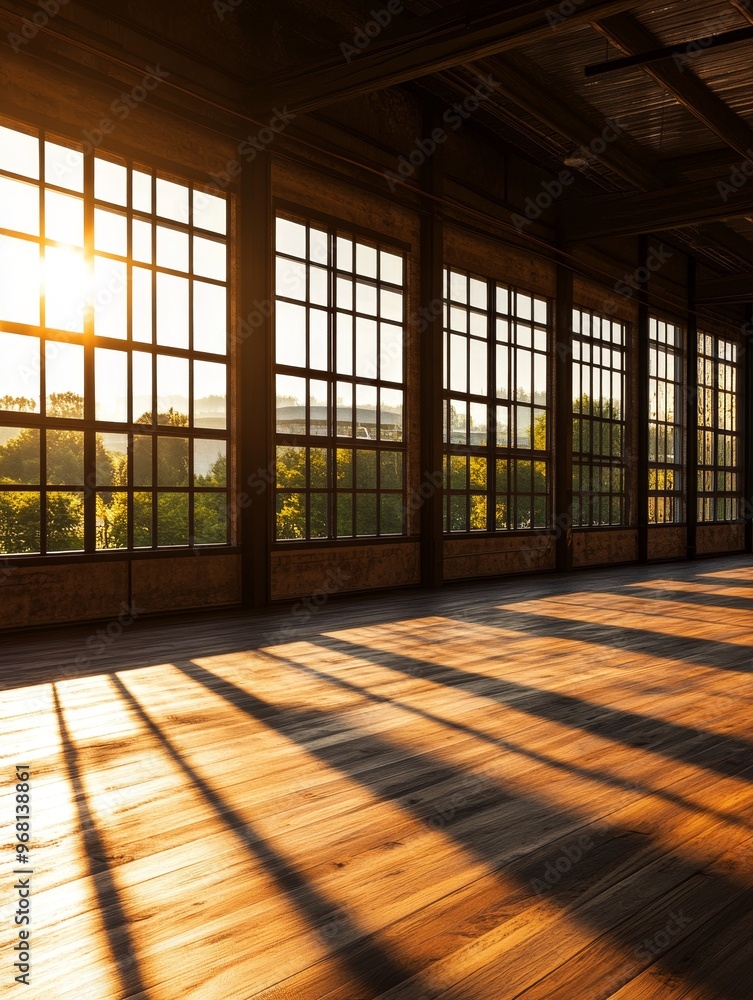 Poster an empty loft space with large windows allowing sunlight to stream in, creating warm shadows on the 