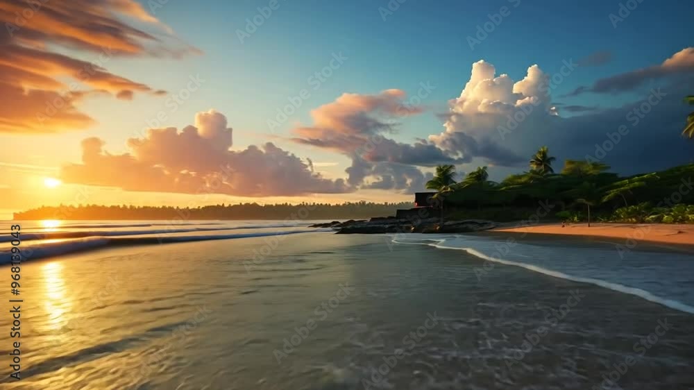 Poster aerial view of a serene beach at sunset with gentle waves and clouds generative ai