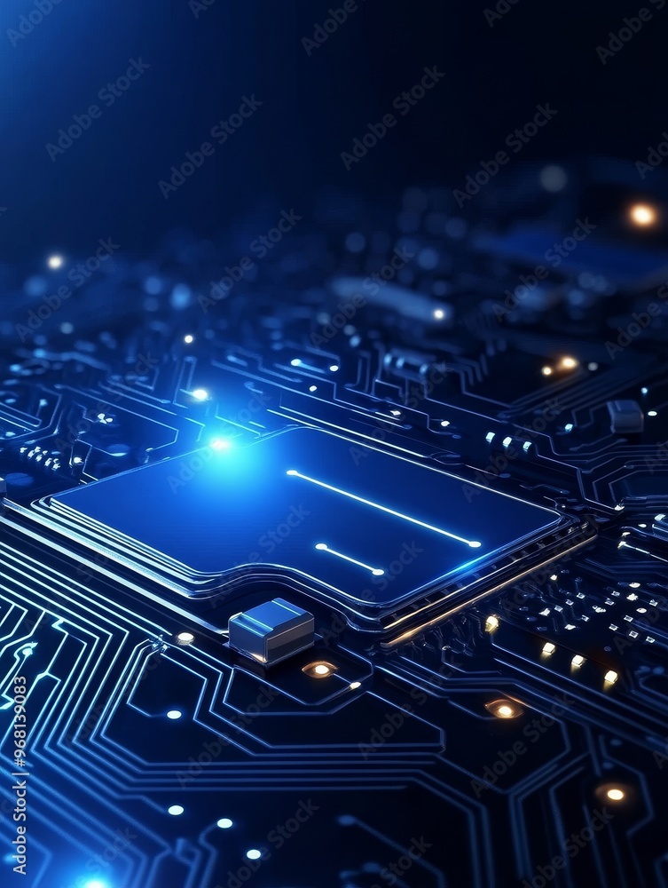 Poster close-up view of a modern electronic circuit board with glowing blue lines, representing the flow of