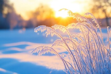 Frosty Grass Blades Silhouetted Against a Sunset