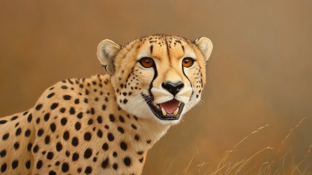 This captivating portrait captures the essence of a cheetah, showcasing its striking black spots and intense gaze. The cheetah's open mouth reveals its powerful teeth, hinting at its predatory instinc