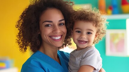 Fototapeta premium Smiling Nurse Holding a Toddler