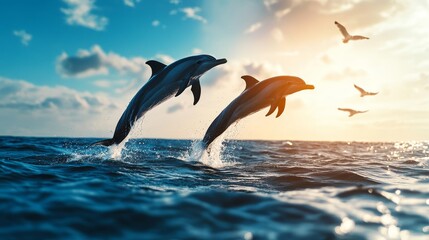 Two dolphins leap out of the ocean, their sleek bodies silhouetted against the setting sun. The vibrant blue water and the clear sky create a stunning backdrop for this playful moment, symbolizing fre