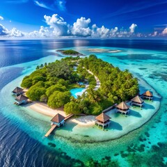 Obraz premium Aerial View of Tropical Island Resort with Water Villas, Maldives, Tropical Island, Water Villa, Resort, Maldives, Luxury Travel