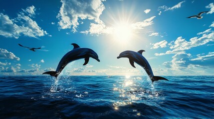 Fototapeta premium Two playful dolphins leap out of the ocean water as the sun sets in the distance. They symbolize freedom, joy, and the beauty of nature.