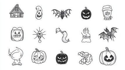 halloween many vector icons outline with white background