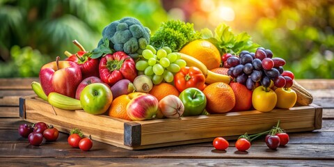 Fresh Fruit and Vegetable Crate in a Sunny Garden, Green, Red, Yellow, Fresh produce, healthy eating