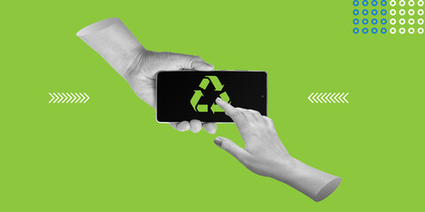 Eco-friendly technology, sustainability, and importance of recycling in modern life. Hand hold smartphone displaying green recycling symbol on green background. Minimalist art collage