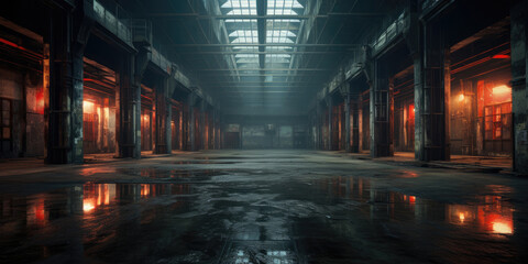 Hall of the workshop of the old factory or empty warehouse in industrial loft style .