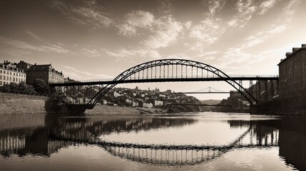 Fototapeta premium Generative AI, A serene riverside scene with a bridge reflected in calm water, surrounded by trees and bathed in soft sunlight, creating a peaceful and nostalgic atmosphere in a sepia-toned photograph