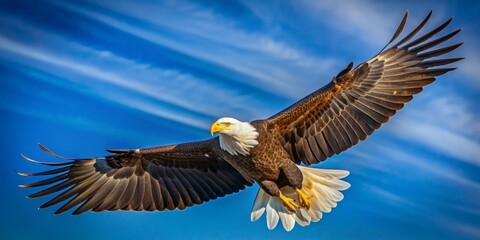 Fototapeta premium Bald Eagle Soaring Through the Sky, with Wings Spread Wide, American symbol, bird of prey, wildlife photography