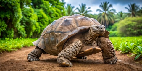Fototapeta premium Giant Tortoise Walking Through a Lush Tropical Landscape, Close-up, Wildlife, Animal, Nature, Tortoise, Turtle