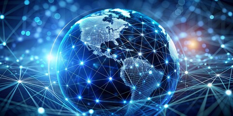 Naklejka premium Global Network Connections - 3D Rendered Earth with Wireframe and Glowing Nodes, 3D, Network, Technology