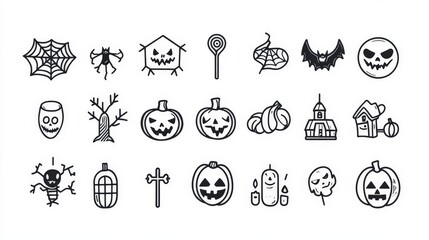 halloween many vector icons outline with white background