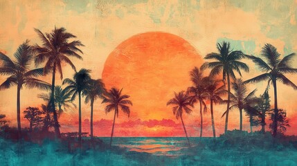 Sunset Over Palm Trees with a Grunge Texture
