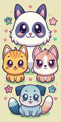  Adorable cartoon animals with big eyes and cute expressions! This illustration features a panda, a cat, a dog, and a puppy, perfect for adding a touch of sweetness to your designs.