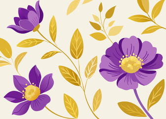 A vibrant floral design featuring purple flowers with yellow centers and golden leaves, creating a beautiful and elegant aesthetic.