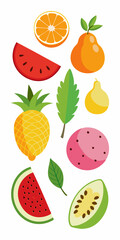  A colorful illustration of a variety of fruits including watermelon, pineapple, orange, pear, guava, and dragon fruit. Perfect for adding a touch of tropical flavor to your designs.