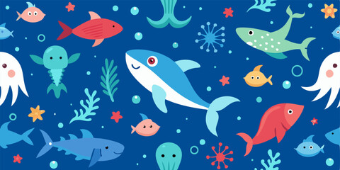  A vibrant and playful seamless pattern featuring a variety of colorful sea creatures and ocean life. This fun and whimsical design is perfect for adding a touch of ocean magic to your projects.