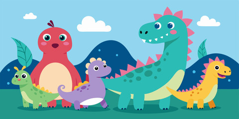  A whimsical illustration featuring a group of adorable dinosaurs in a vibrant landscape. Perfect for children's books, educational materials, or any project needing a touch of prehistoric charm.