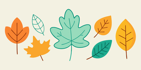  A set of colorful autumn leaves in various shapes and sizes, perfect for adding a touch of fall to your designs. This cheerful and vibrant illustration is ideal for creating seasonal graphics.