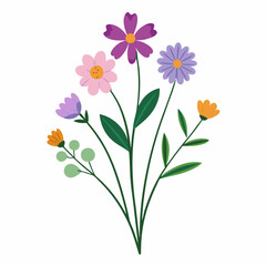  A cheerful bouquet of colorful flowers, perfect for adding a touch of spring to your designs. This simple and elegant illustration features a variety of blooms in pink, purple, and orange.