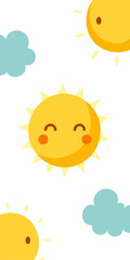  A cute and cheerful illustration of a smiling sun with clouds, perfect for adding a touch of whimsy to your designs.  This adorable graphic is ideal for kids' products, nursery decor.