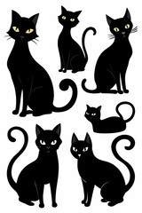  A collection of six black cat silhouettes in different poses, perfect for adding a touch of mystery and elegance to your designs.  These simple yet striking graphics are ideal for Halloween designs.