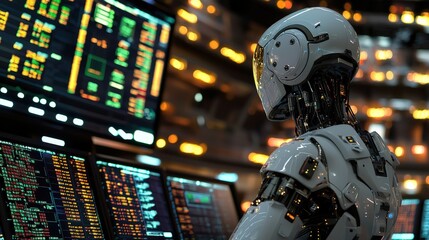 Fototapeta premium Robot sitting in a control room filled with screens displaying stock market volatility, [market control], [AI responding to financial shifts]