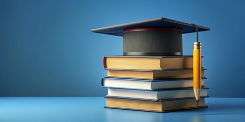 Graduation Cap on a Stack of Books with a Pencil, 3D Rendering, Blue Background, Education, Knowledge, Success