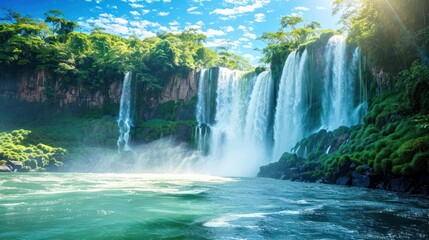 Fototapeta premium Majestic Waterfall in Lush Green Rainforest
