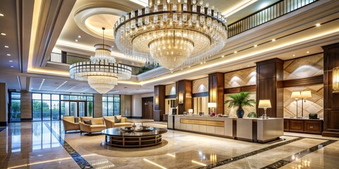 Grand Hotel Lobby with Crystal Chandelier and Marble Floor, luxury interior, hotel lobby, hospitality design