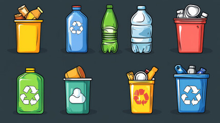 Colorful recycling icons that you can change. These icons represent the different types of waste that can be recycled, helping to protect the environment and save the planet.