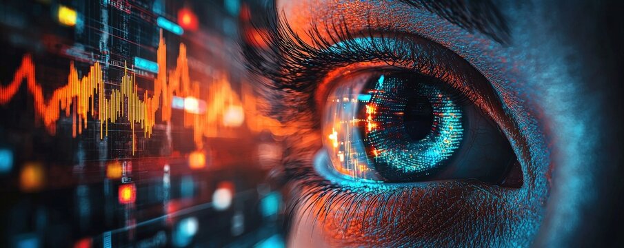 Robotic eye reflecting fluctuating crypto and stock prices in real time, [surveillance], [robot tracking market shifts]