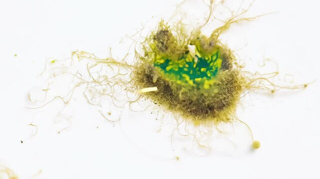 Mold fungus close-up with characteristic texture. Concept of fungal growth, spores, microbiological research, fungi, biological processes