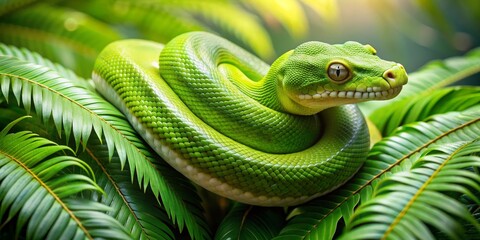 Obraz premium Green Python in Lush Jungle, Reptile, Snake, Rainforest
