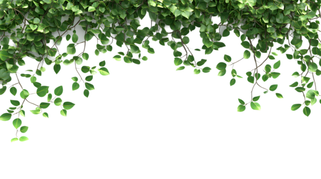 Large tree branches and foliage leaves on top border, 3D render, isolated on white background