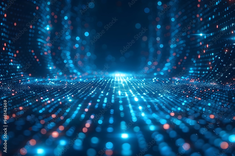Poster a stunning visualization of a digital data stream in vibrant blue and red lights