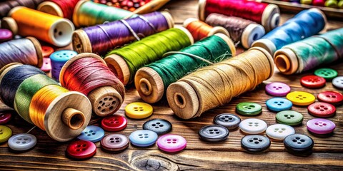 Colorful Threads and Buttons on Wooden Background, Sewing, Craft, DIY, Threads