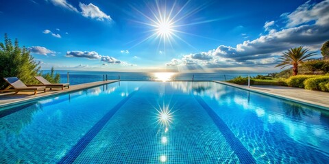 Fototapeta premium Infinity Pool with Sun Rays and Ocean View, pool, luxury, vacation