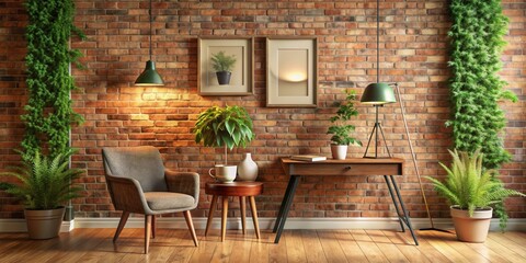 Cozy Brick Wall Living Room with Greenery, Pendant Lamp, and Desk, brick wall, interior design, living room