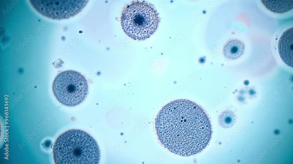 Poster microscopic view of blue cellular structures floating in a light blue environment. concept of microb
