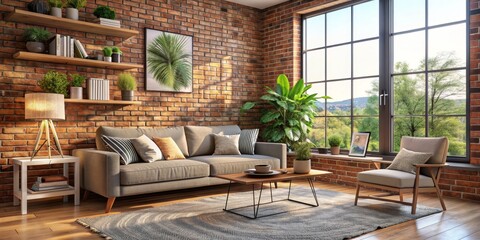 Fototapeta premium Cozy Living Room with Brick Wall, Gray Sofa, Wooden Floor and Natural Light, Interior Design, Home Decor, Living Room Style