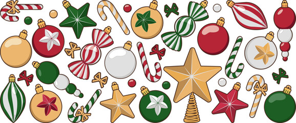 Set of Christmas tree decorations of different shapes. Gold, green, red and white Christmas tree decorations. Balls, stars, candies, icicles. Isolated on white background vector illustration.